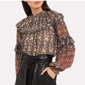 $445 Ulla Johnson Silk Eleni Floral Lurex Dot Collared Bib Blouse Shirt Small